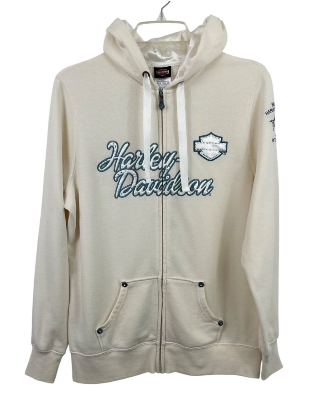 Harley-Davidson Womens Large Creme Zip-Up Hoodie Rhinestone & Satin-Lined Hood